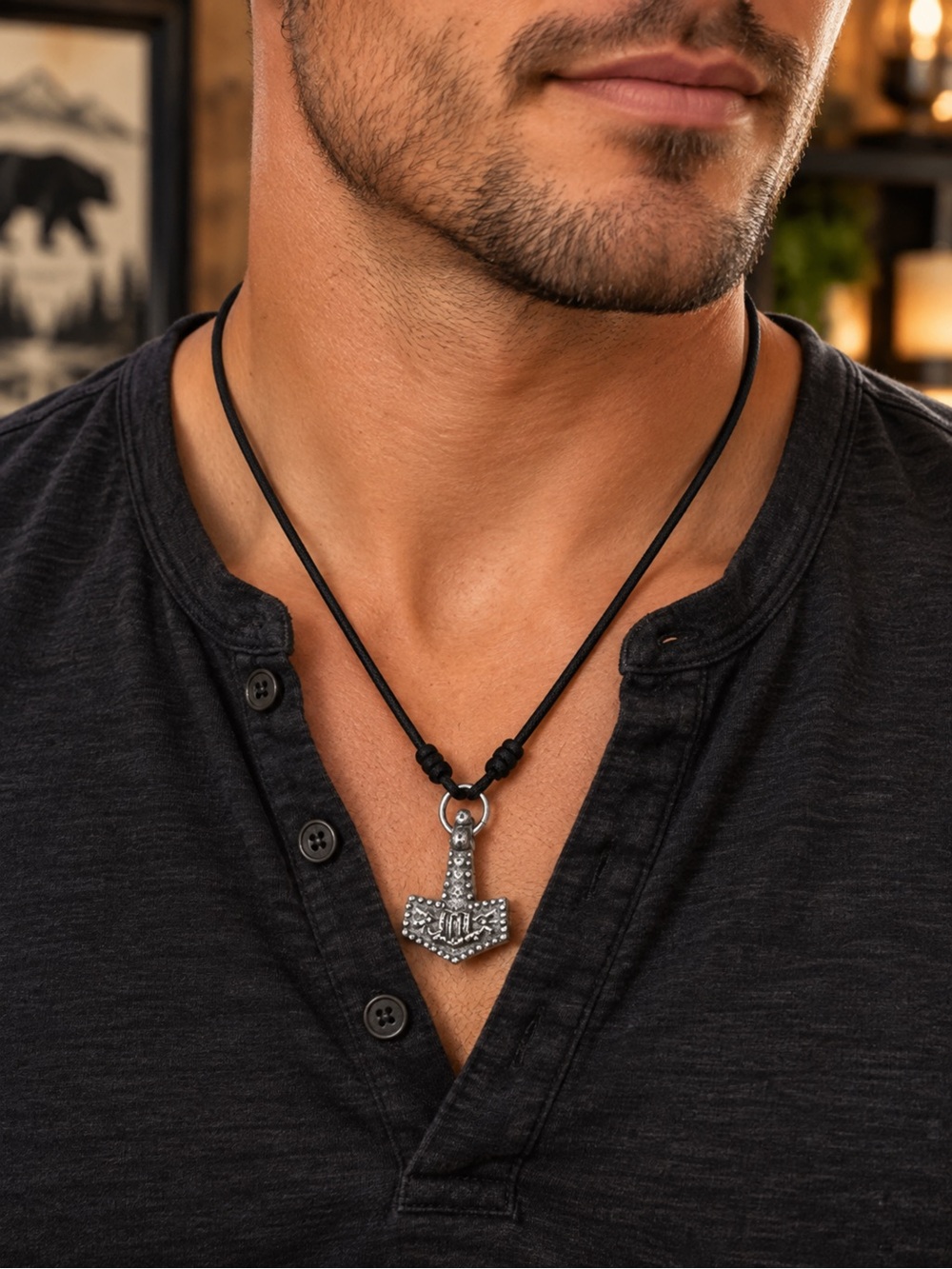 Men's Leather Cord Necklace with Silver Thor Hammer Pendant
